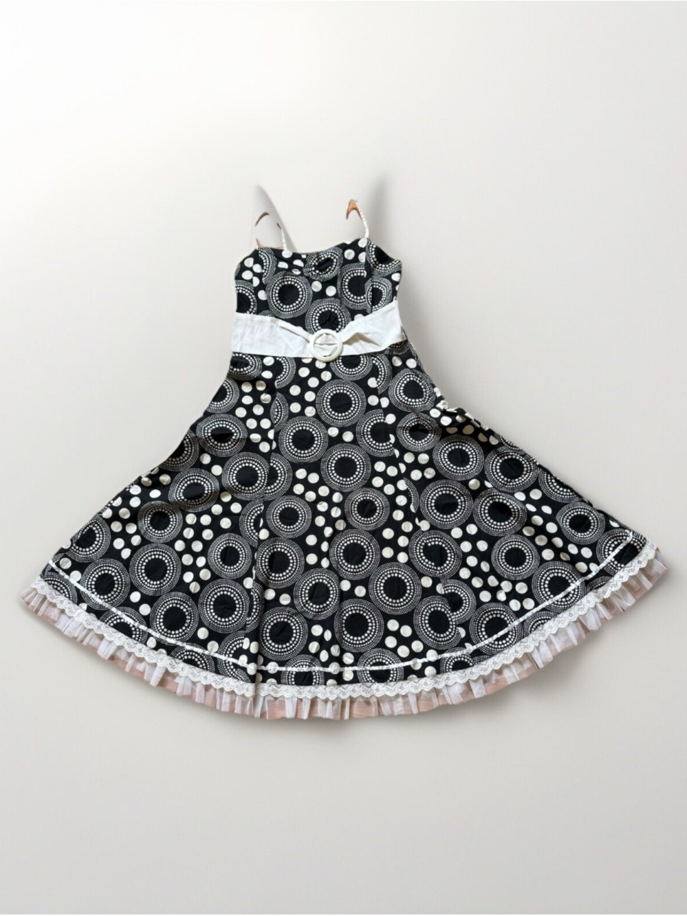 Women Size S Retro Print Vintage Strap Dress Black White Cotton Blend Used Good